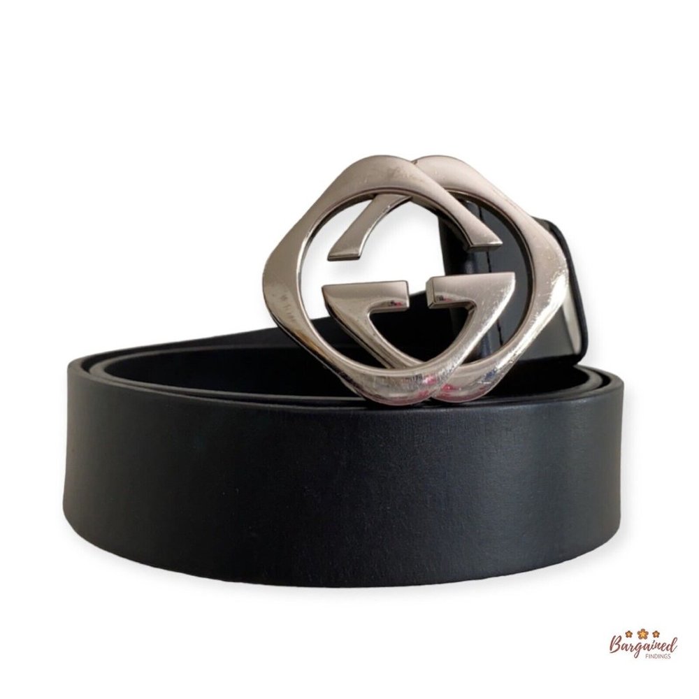 Authentic Gucci Black Calfskin Leather Silver Interlocking Square G Belt 95/38
